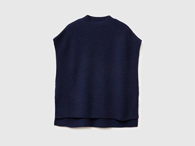 Benetton Kadın Lacivert Yün Karışımlı Ribana Detaylı Yırtmaçlı Kolsuz Kazak